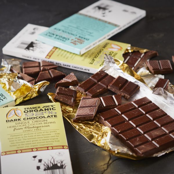 TJ's Organic Dark Chocolate Bars from Madagascar opened and broken into pieces